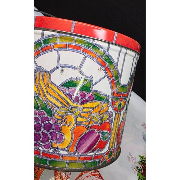 Vintage Tin Container with Fruit and Vegetable Stained Glass Pattern Fall Decor - Picture 11 of 11
